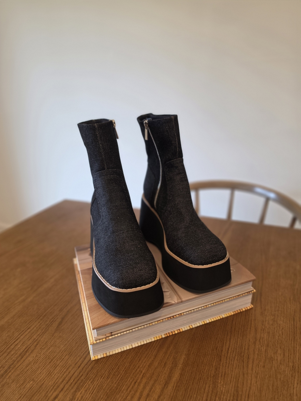 ASOS Black Denim Platform Wedge Ankle Boots Size 9